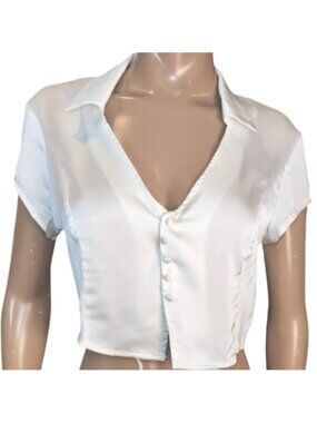 💠 Dynamite Satin Crop Top Short Sleeve Collared Vneck Blouse Large White